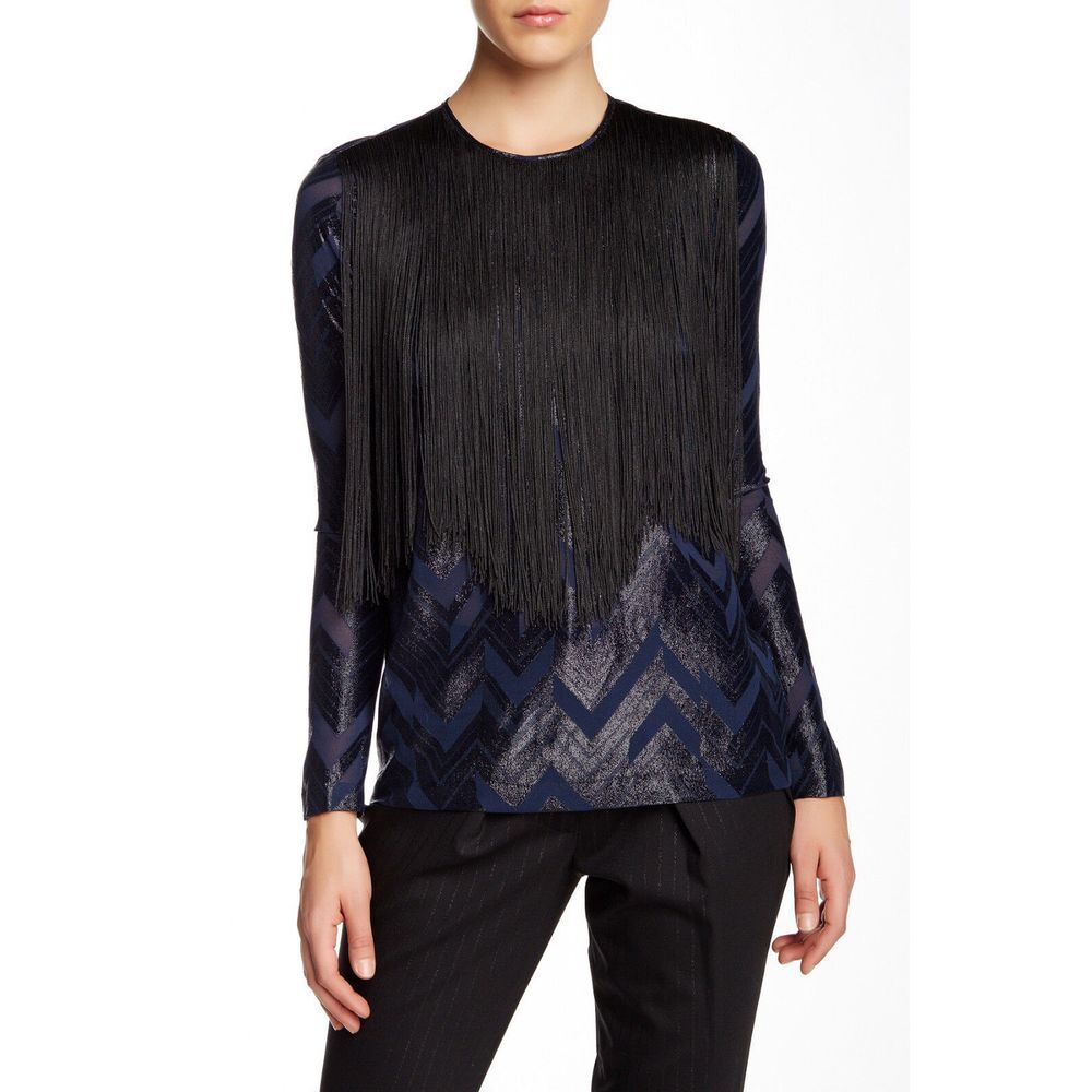 NWT $690 Yigal Azrouel Fringed Front Chevron Print Silk Blend Blouse [SZ 2] #210